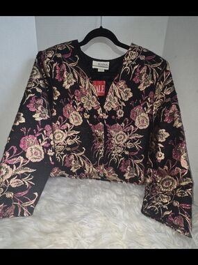 VTG Ellend Black Cropped Floral Tapestry Brocade  Gold/Rose Embroidery Jacket, M